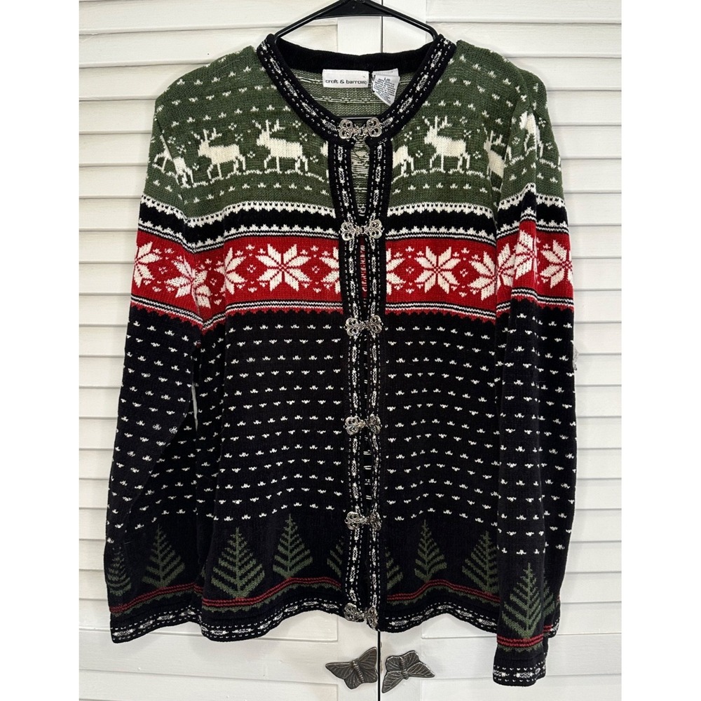 Croft & Barrow Size L Holiday Fair Isle Cardigan Sweater with Silver Clasps